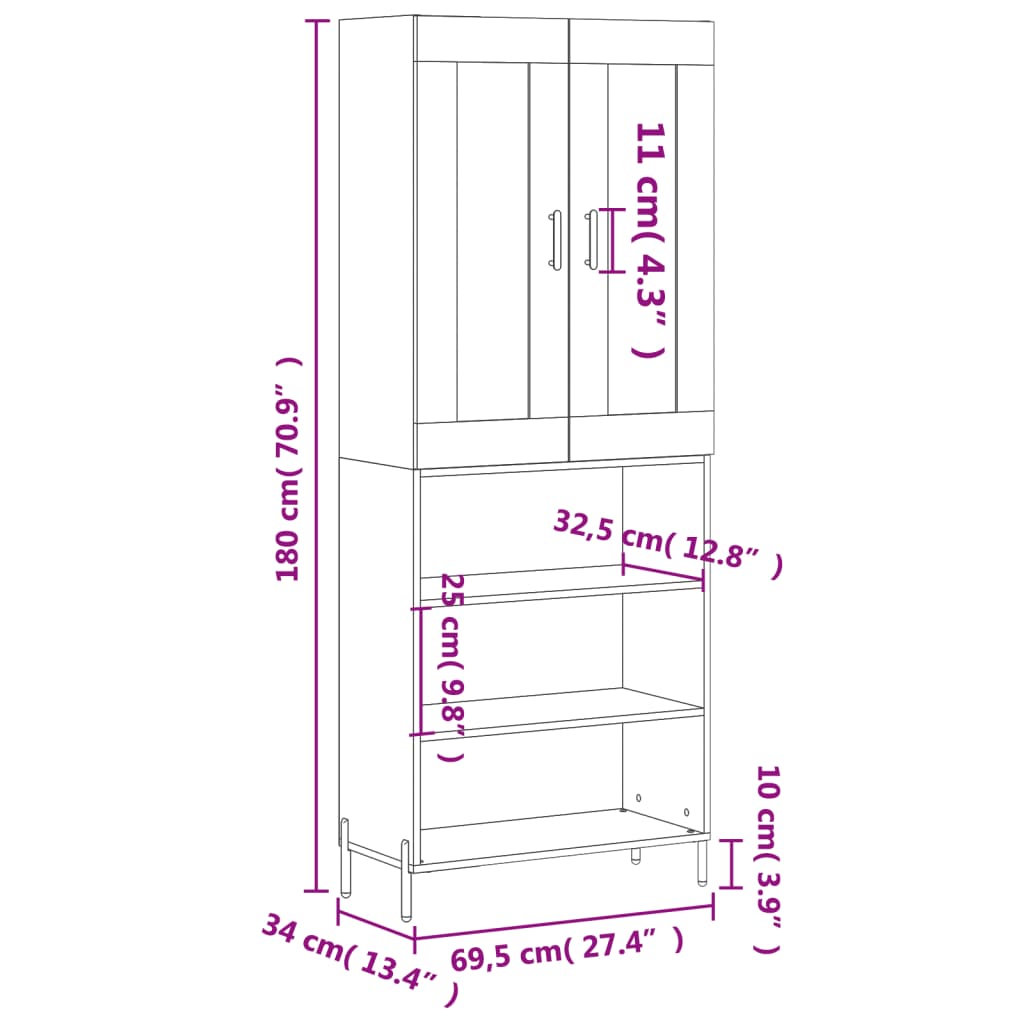 vidaXL Highboard Concrete Grey 69.5x34x180 cm Engineered Wood