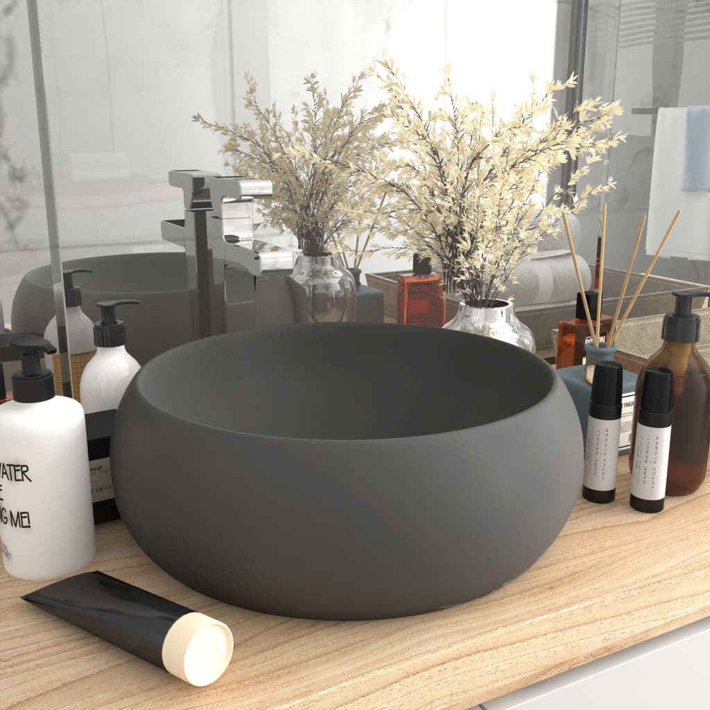 vidaXL Luxury Wash Basin Round Matt Dark Grey 40x15 cm Ceramic