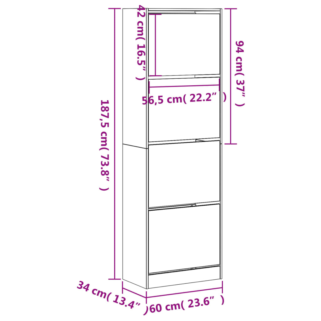 vidaXL Shoe Cabinet with 4 Flip-Drawers Sonoma Oak 60x34x187.5 cm