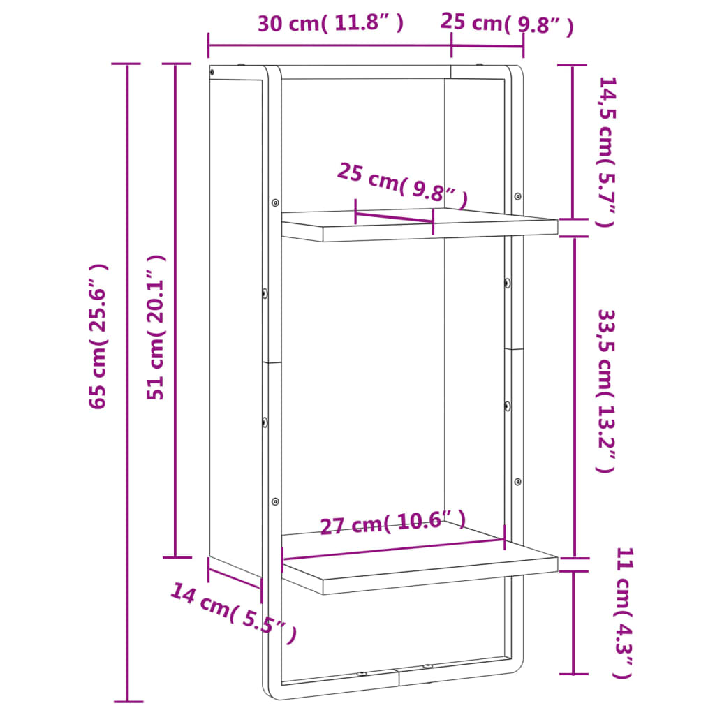 vidaXL Wall Shelf with Bar Grey Sonoma 30x25x65 cm