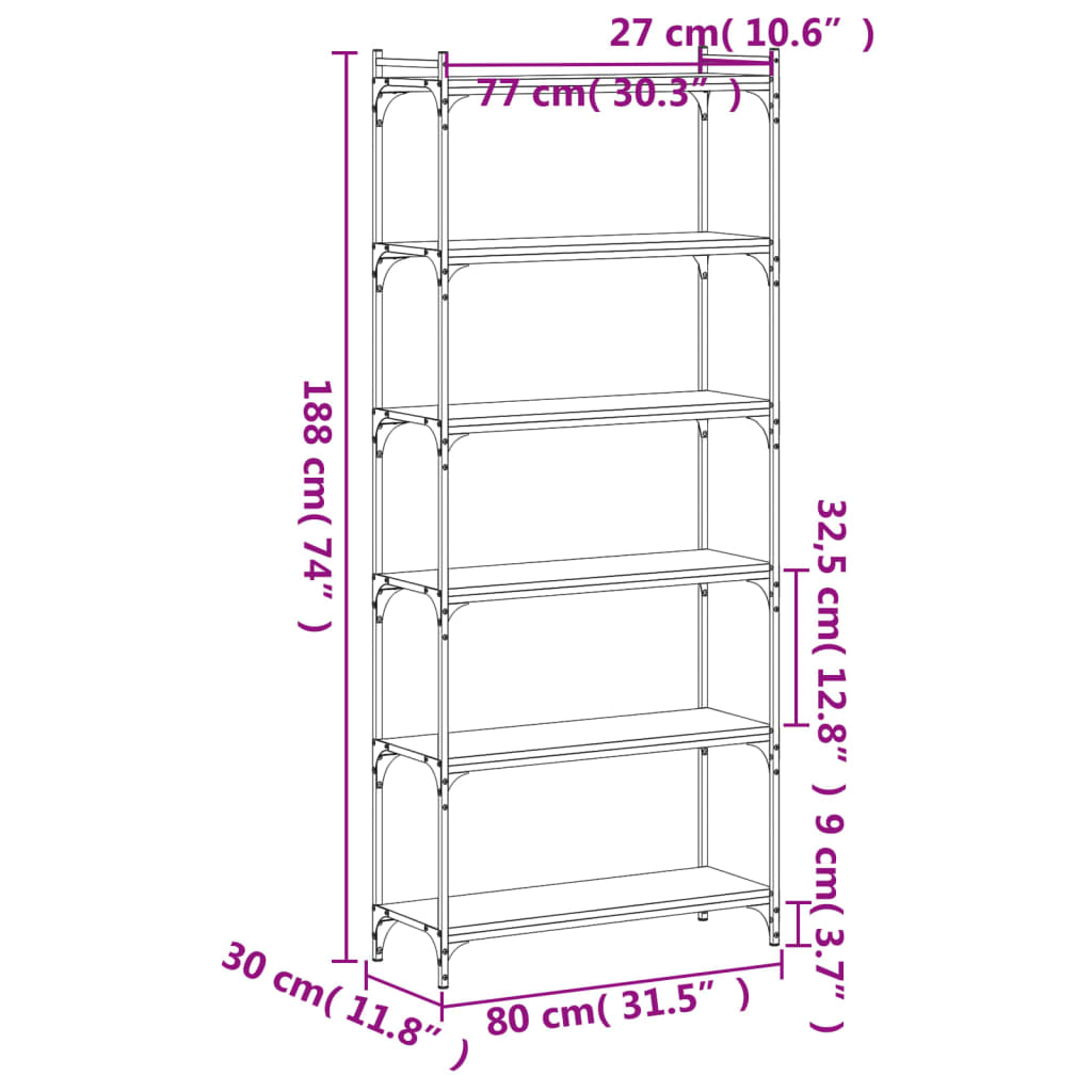 vidaXL Bookcase 6-Tier Smoked Oak 80x30x188 cm Engineered Wood