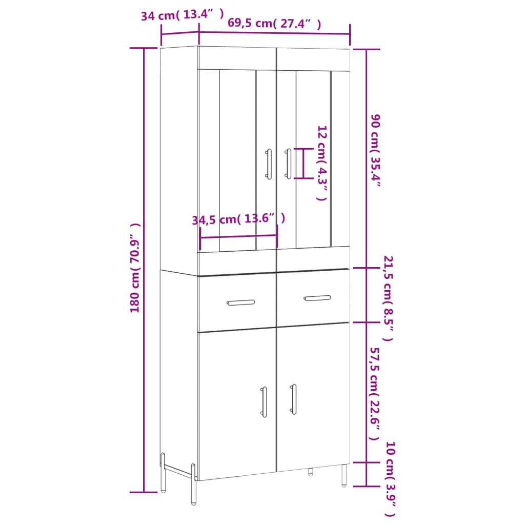 vidaXL Highboard Grey Sonoma 69.5x34x180 cm Engineered Wood