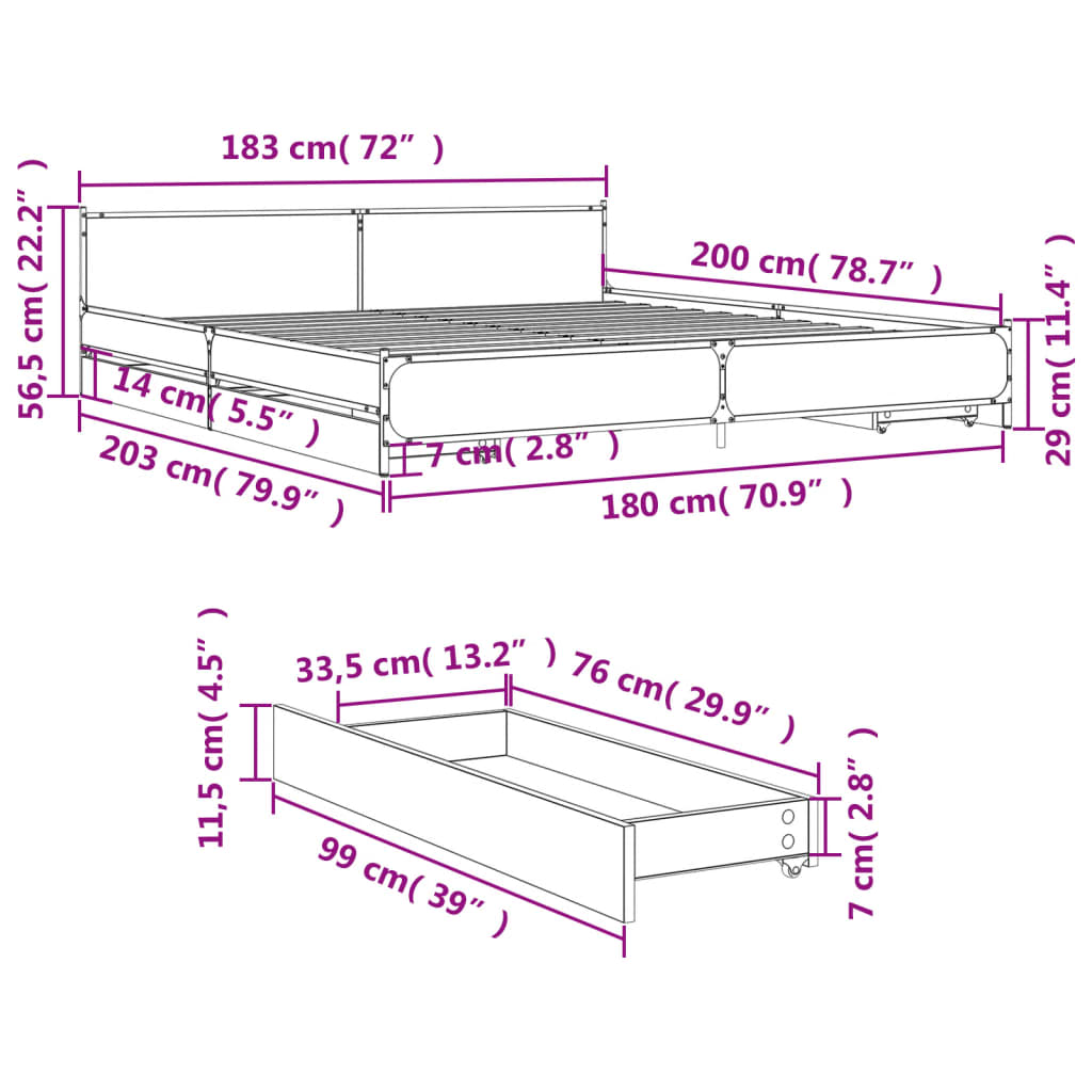 vidaXL Bed Frame with Drawers without Mattress Smoked Oak 180x200 cm Super King