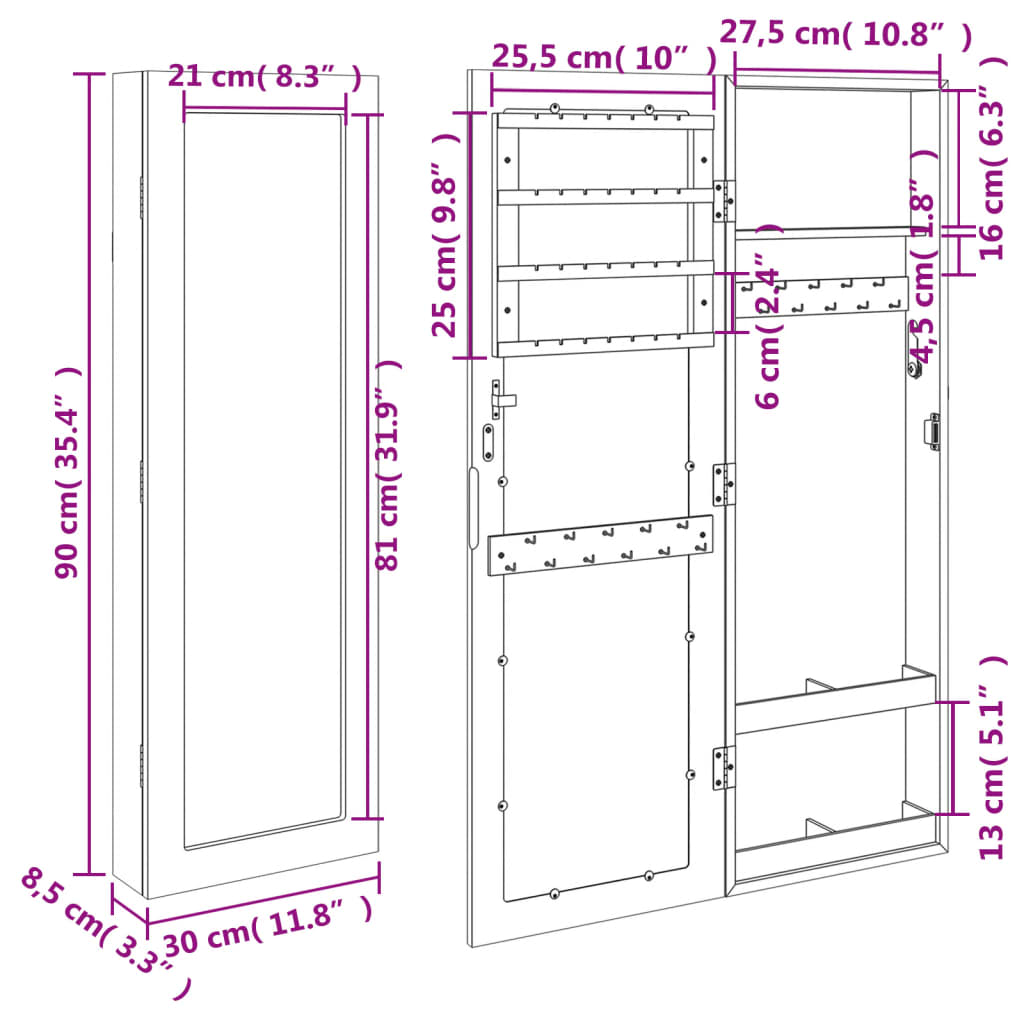 vidaXL Mirror Jewellery Cabinet Wall Mounted Black 30x8.5x90 cm