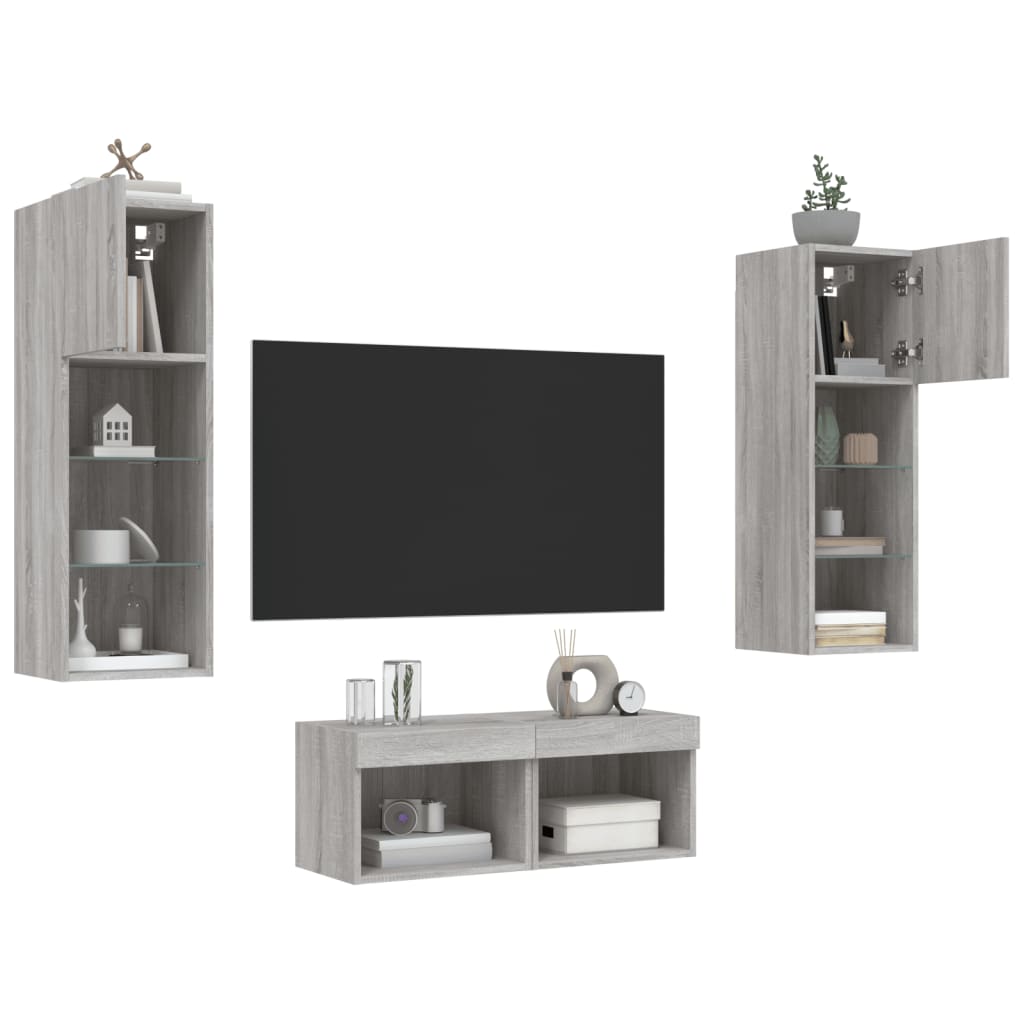 vidaXL 4 Piece TV Wall Cabinets with LED Lights Grey Sonoma