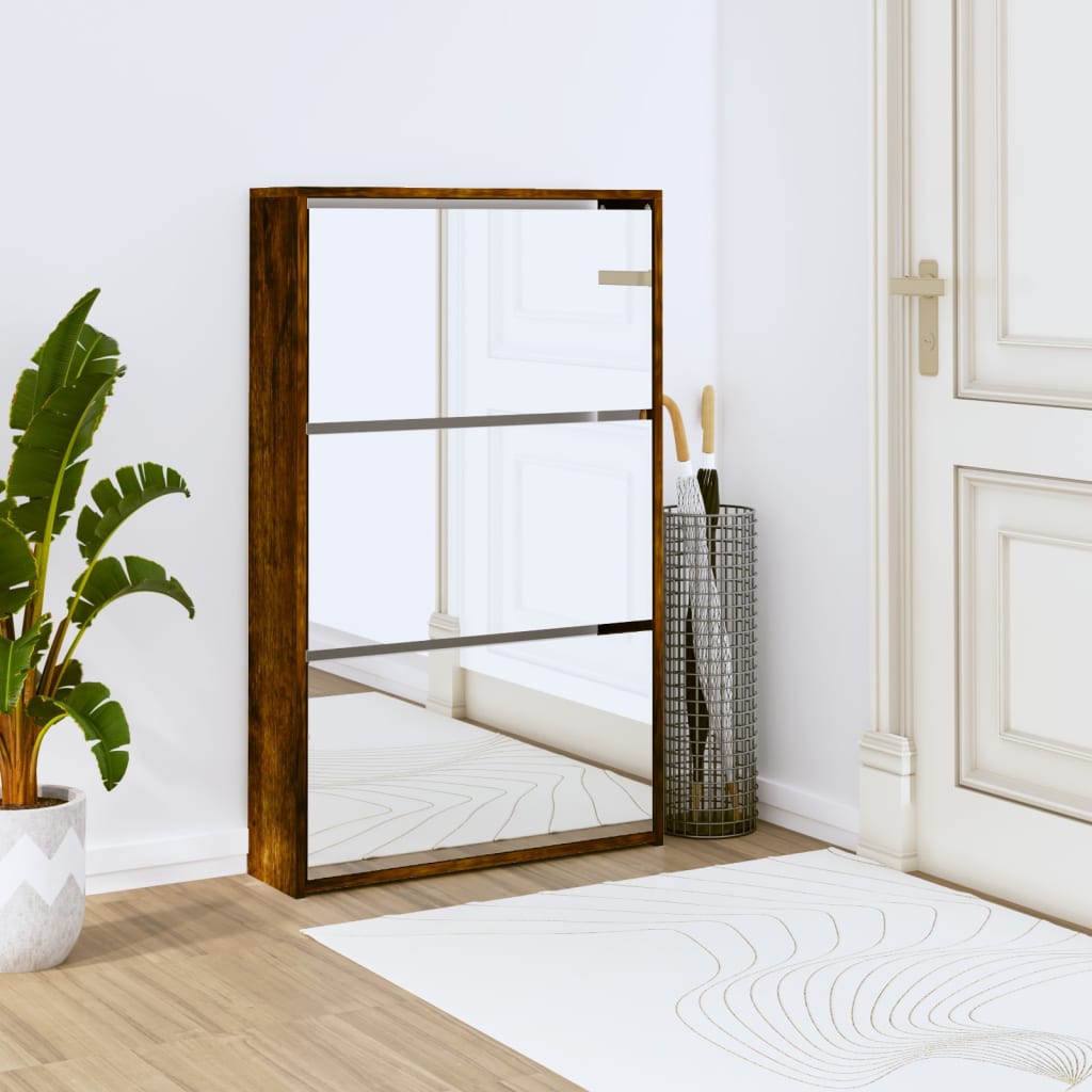 vidaXL Shoe Cabinet with Mirror 3-Layer Smoked Oak 63x17x102.5 cm