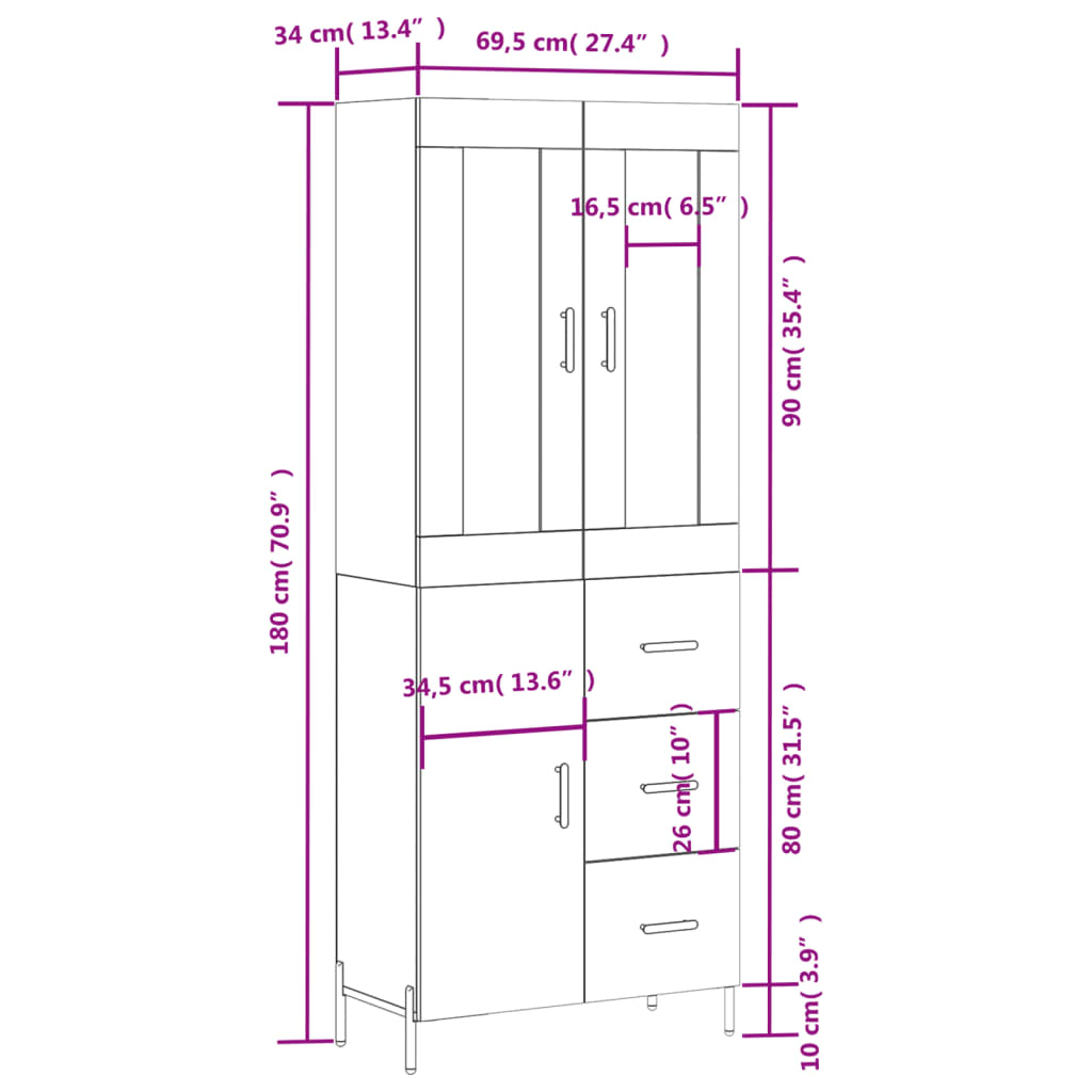 vidaXL Highboard Brown Oak 69.5x34x180 cm Engineered Wood