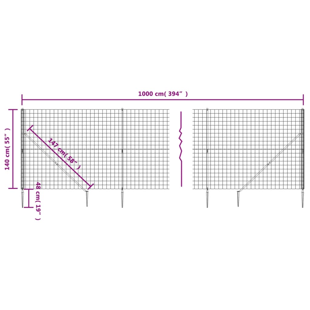 vidaXL Wire Mesh Fence with Spike Anchors Anthracite 1.4x10 m