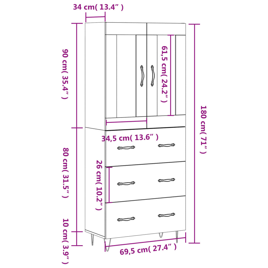 vidaXL Highboard Smoked Oak 69.5x34x180 cm Engineered Wood