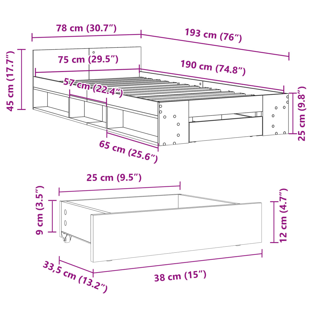 vidaXL Bed Frame with Drawer without Mattress Concrete Grey 75x190 cm Small Single