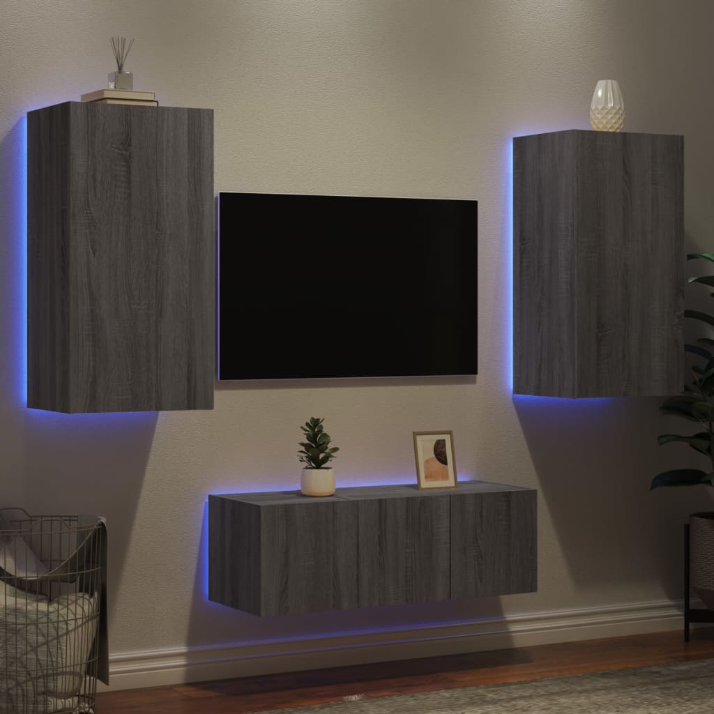 vidaXL 4 Piece TV Wall Units with LED Grey Sonoma Engineered Wood