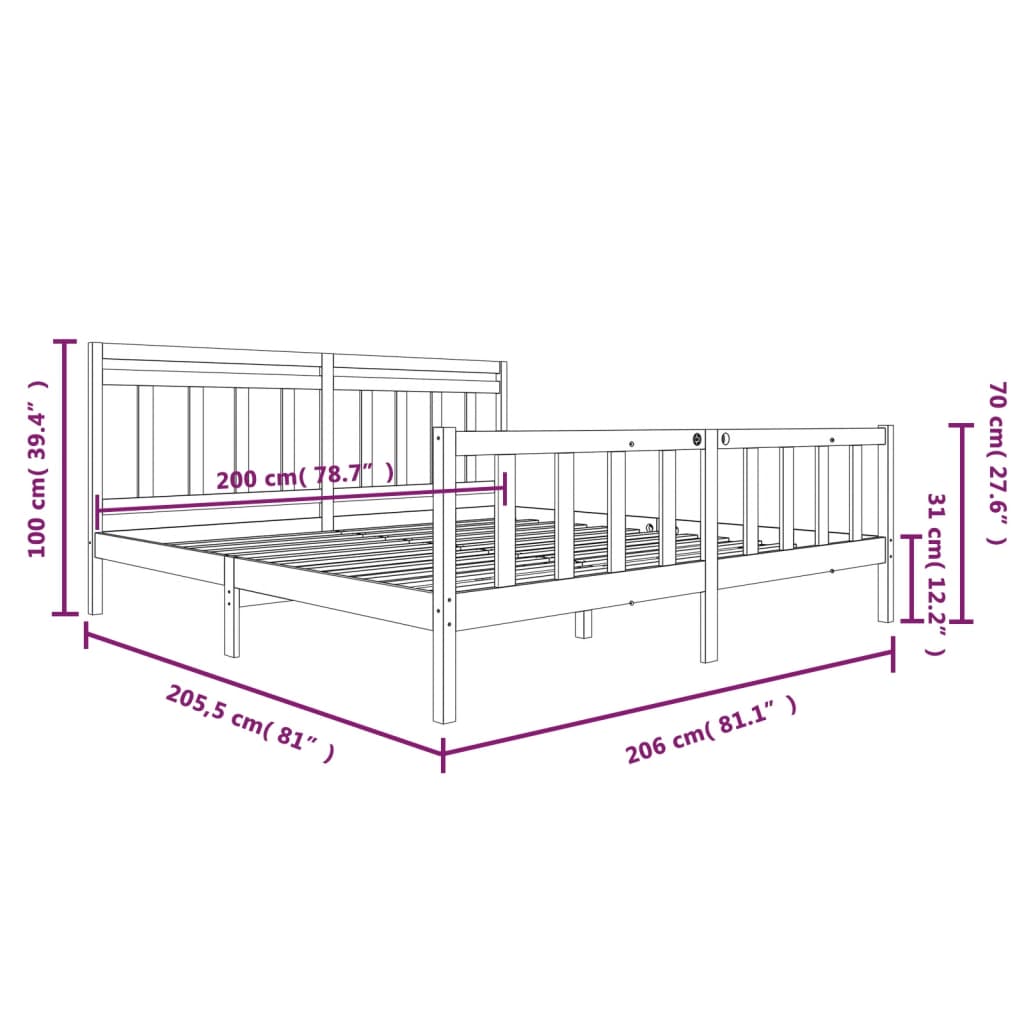 vidaXL Bed Frame without Mattress Grey Solid Wood 200x200 cm (810104+814116)