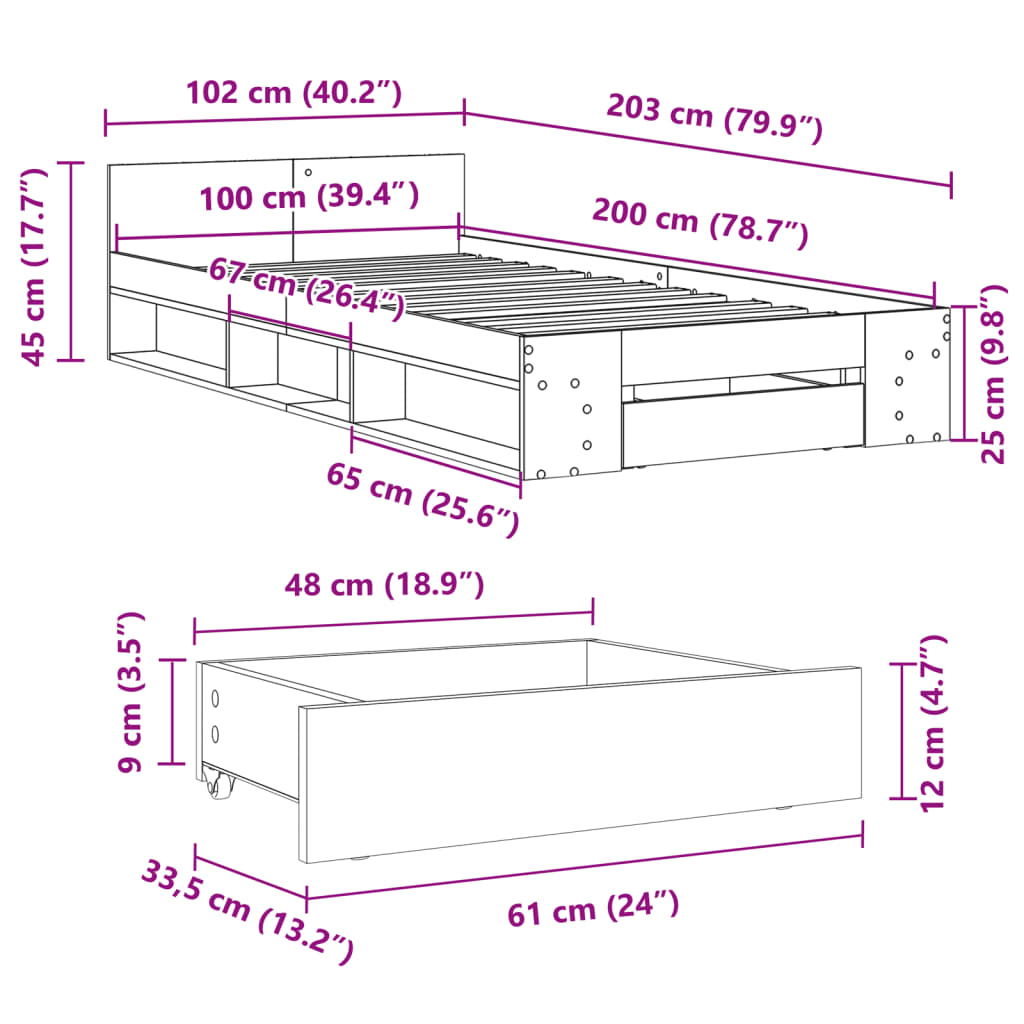 vidaXL Bed Frame with Drawer without Mattress Grey Sonoma 100x200 cm