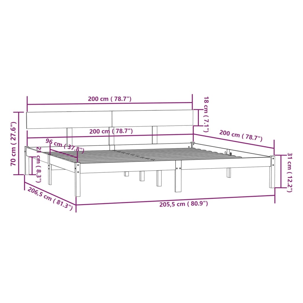 vidaXL Bed Frame without Mattress Grey Solid Wood 200x200 cm