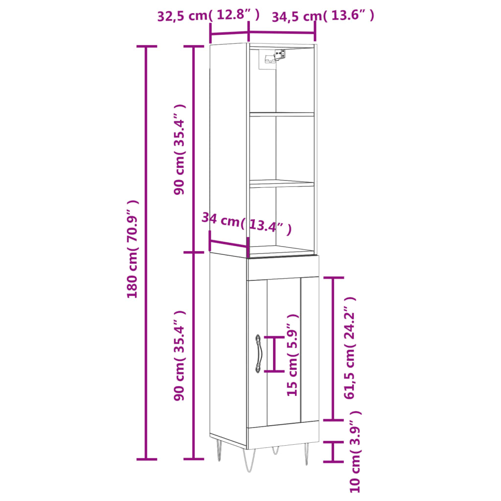 vidaXL Highboard Grey Sonoma 34.5x34x180 cm Engineered Wood