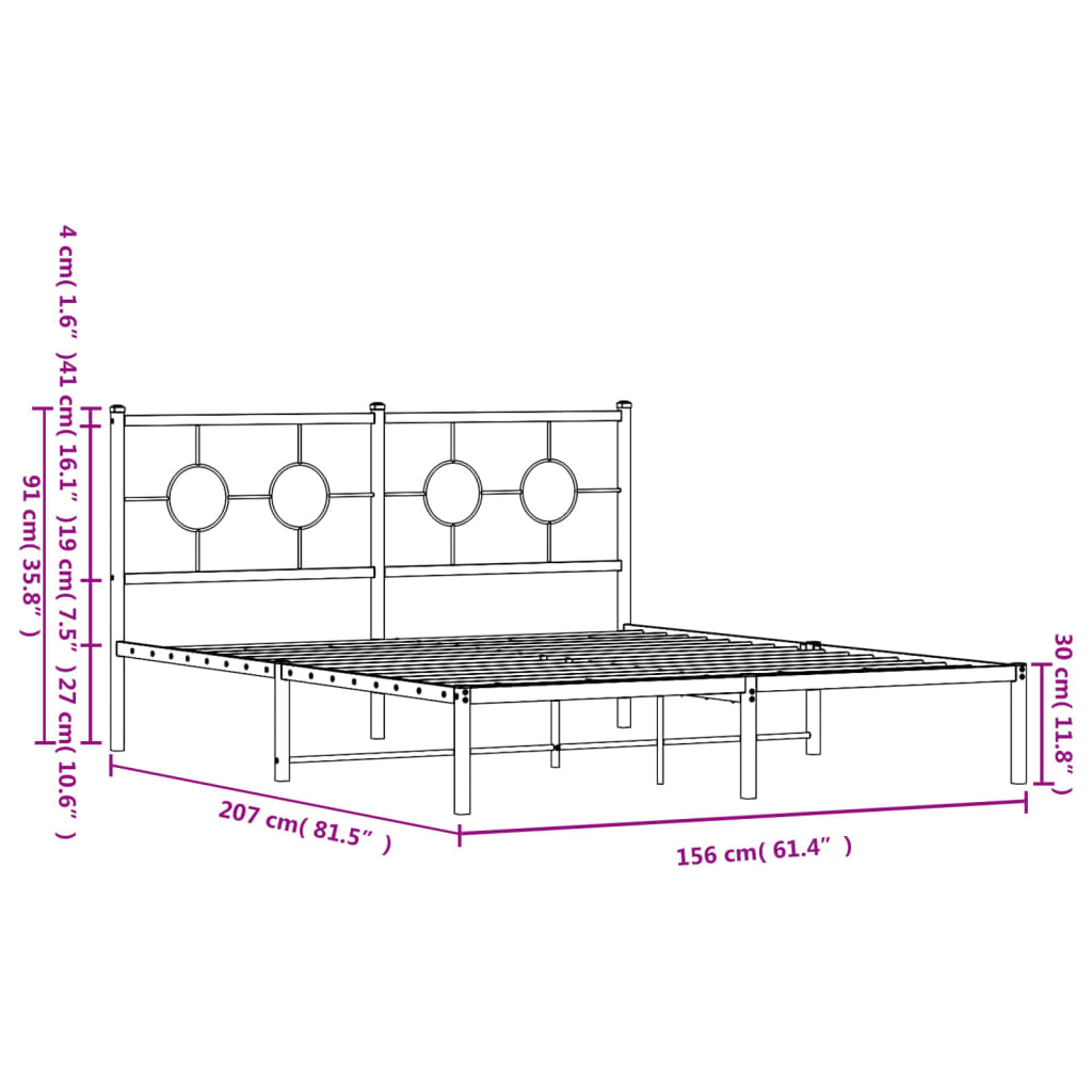 vidaXL Metal Bed Frame without Mattress with Headboard Black 150x200 cm King Size