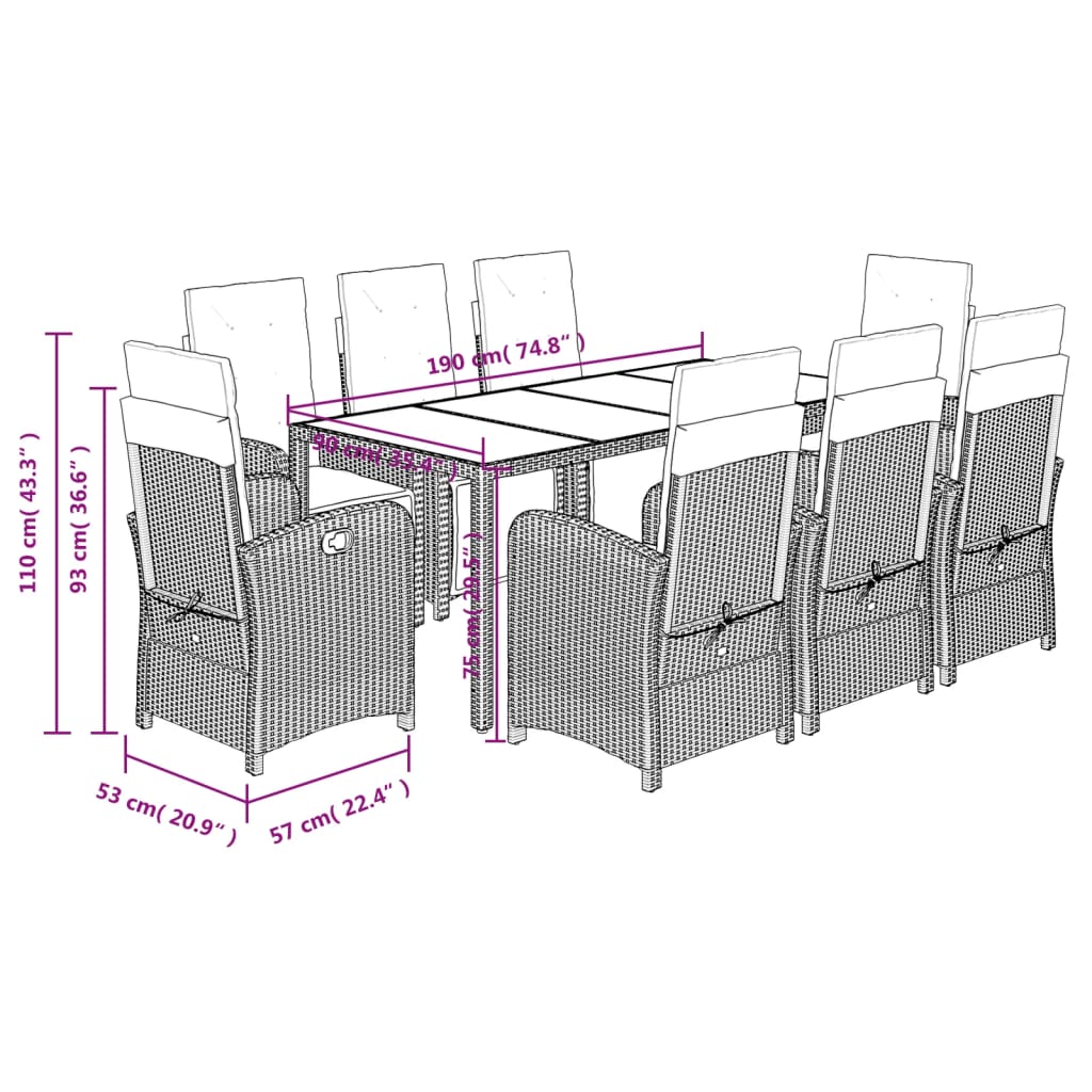 vidaXL 9 Piece Garden Dining Set with Cushions Black Poly Rattan