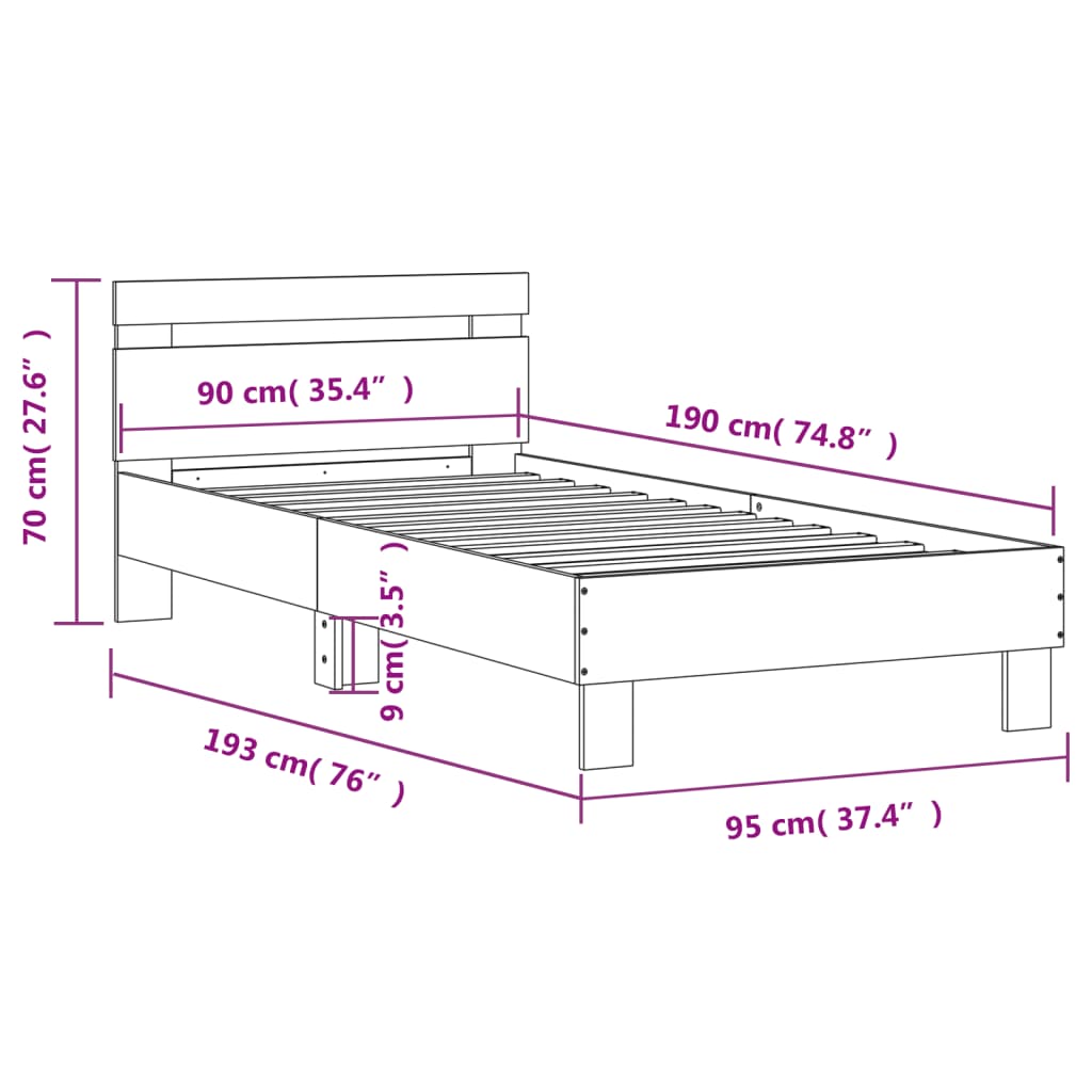 vidaXL Bed Frame without Mattress with LED Lights Sonoma Oak 90x190 cm Single