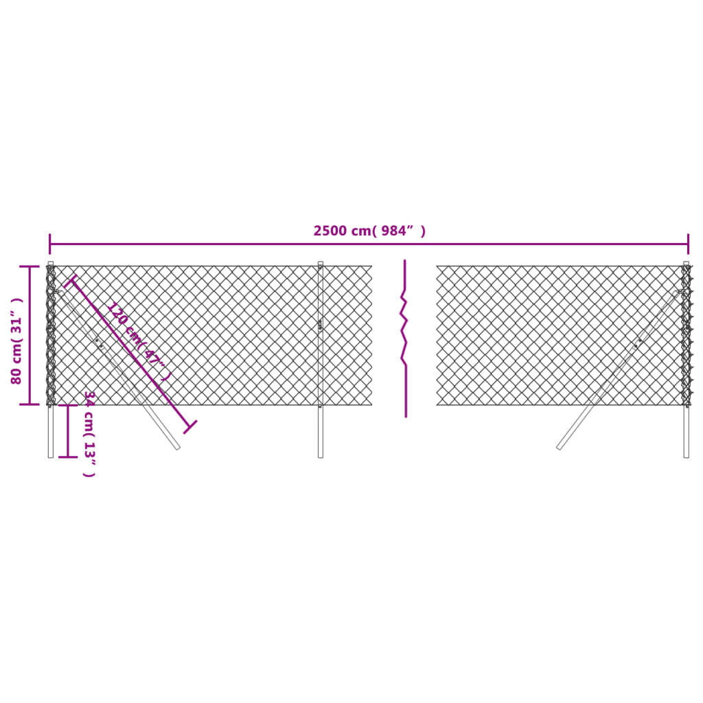 vidaXL Chain Link Fence Silver 0.8x25 m