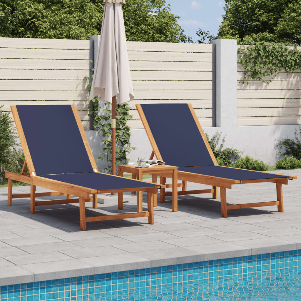 vidaXL Sun Loungers 2 pcs with Table Blue Solid Wood Acacia and Textilene