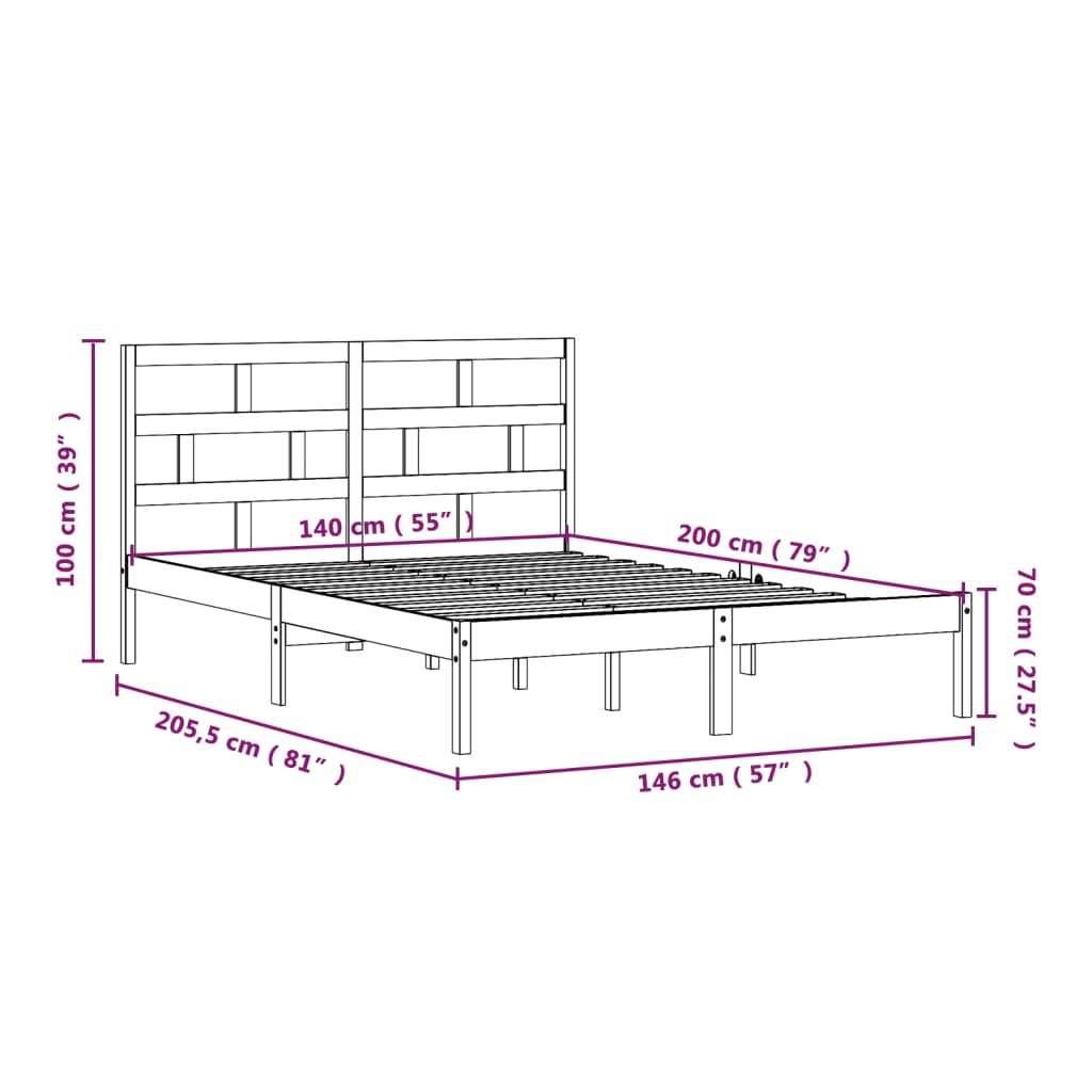 vidaXL Bed Frame without Mattress Black Solid Wood 140x200 cm (810021+814198)