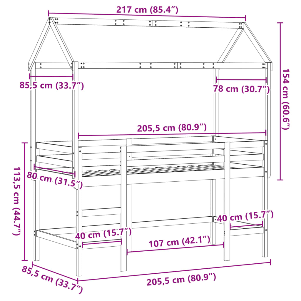 vidaXL Loft Bed with Ladder and Roof without Mattress 80x200 cm