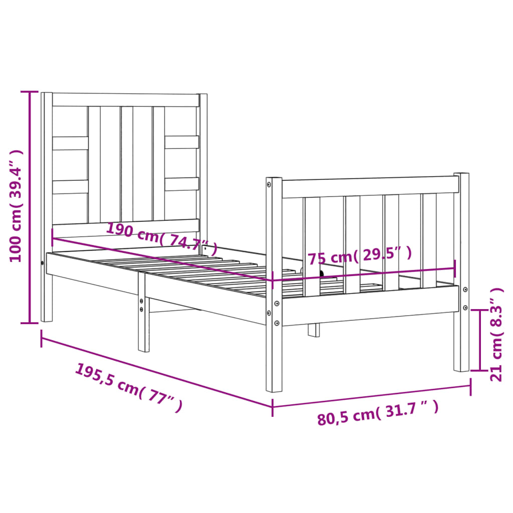 vidaXL Bed Frame without Mattress Black Small Single Solid Wood Pine