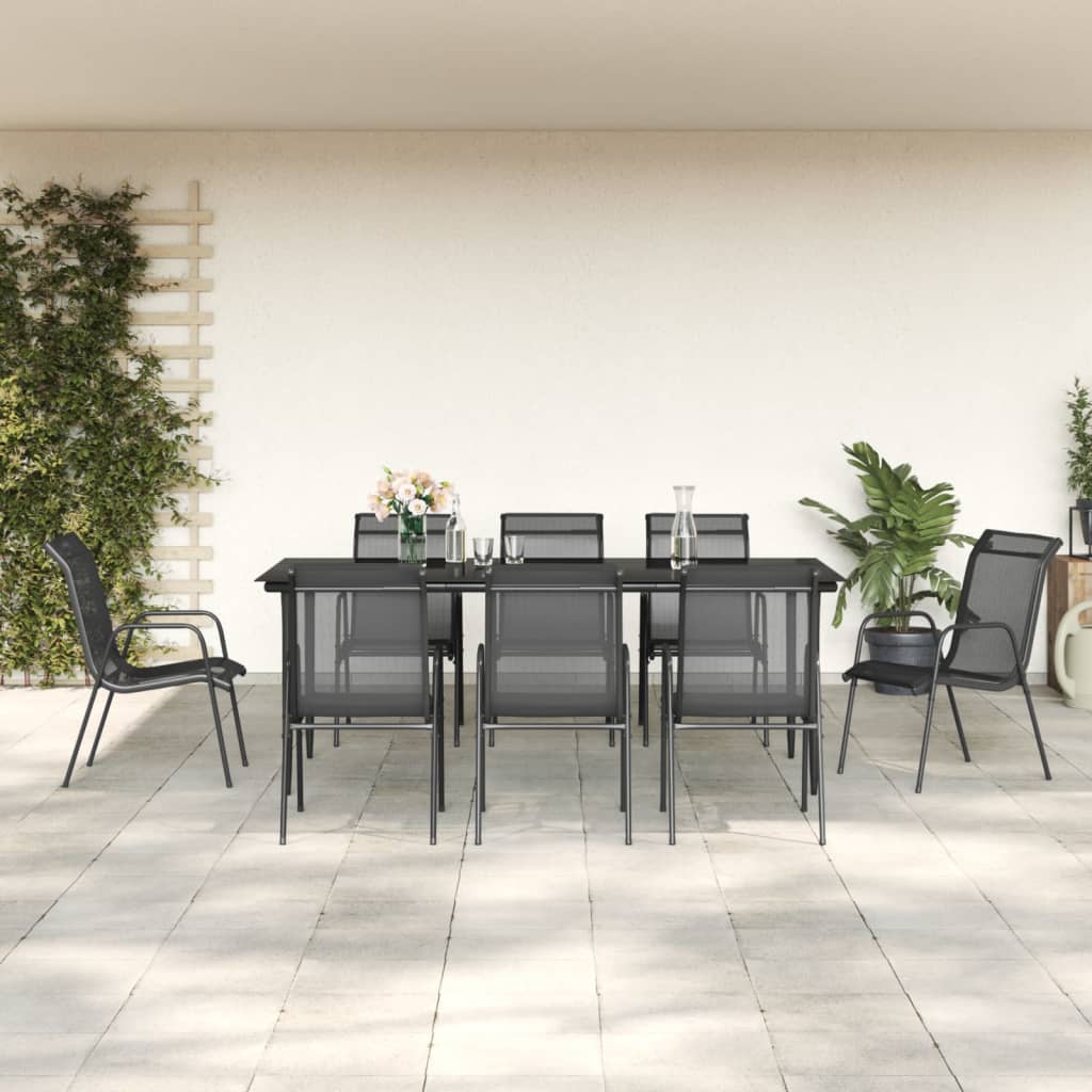 vidaXL 9 Piece Garden Dining Set Black Steel and Textilene