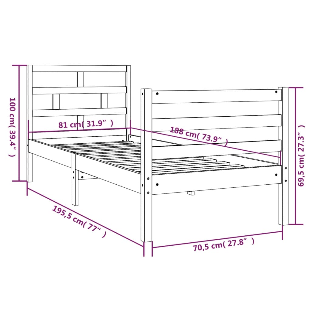 vidaXL Bed Frame without Mattress Black 75x190 cm Small Single Solid Wood