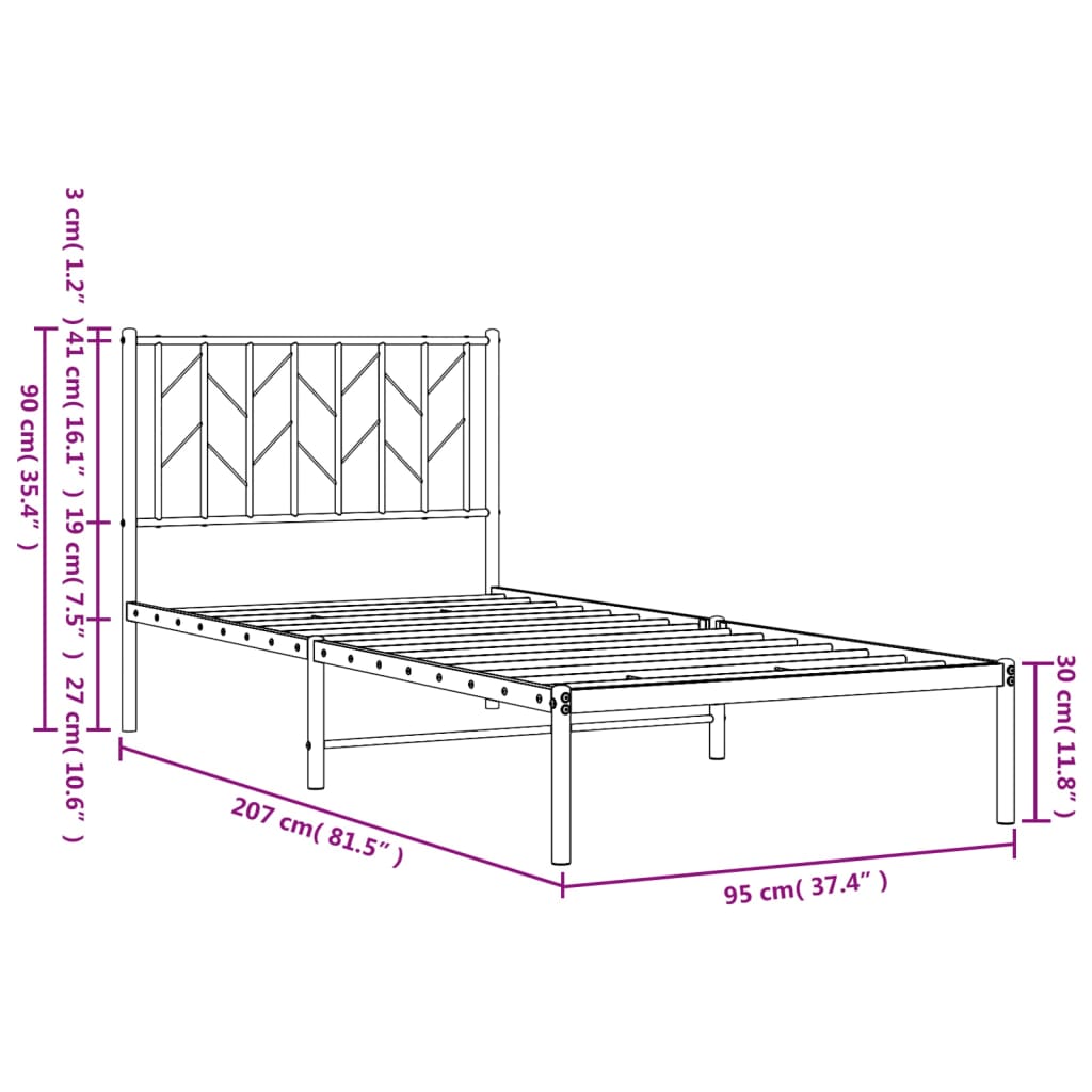 vidaXL Metal Bed Frame without Mattress with Headboard Black 90x200 cm