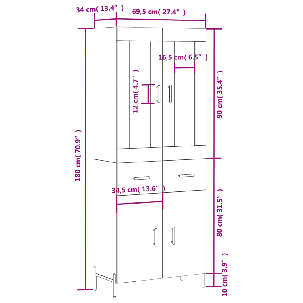 vidaXL Highboard Smoked Oak 69.5x34x180 cm Engineered Wood