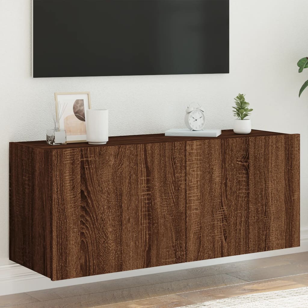 vidaXL TV Wall Cabinet with LED Lights Brown Oak 100x35x41 cm