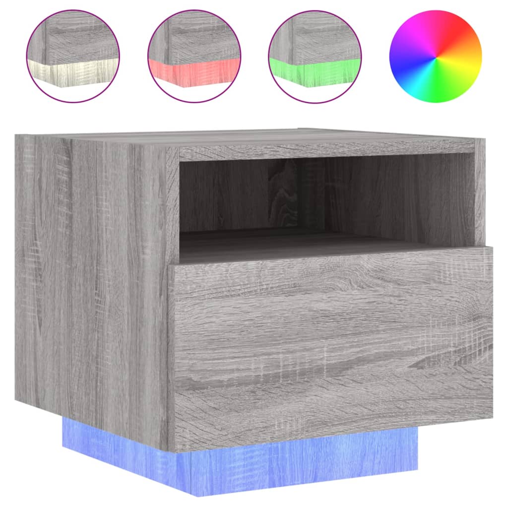 vidaXL Bedside Cabinet with LED Lights Grey Sonoma 40x39x37 cm