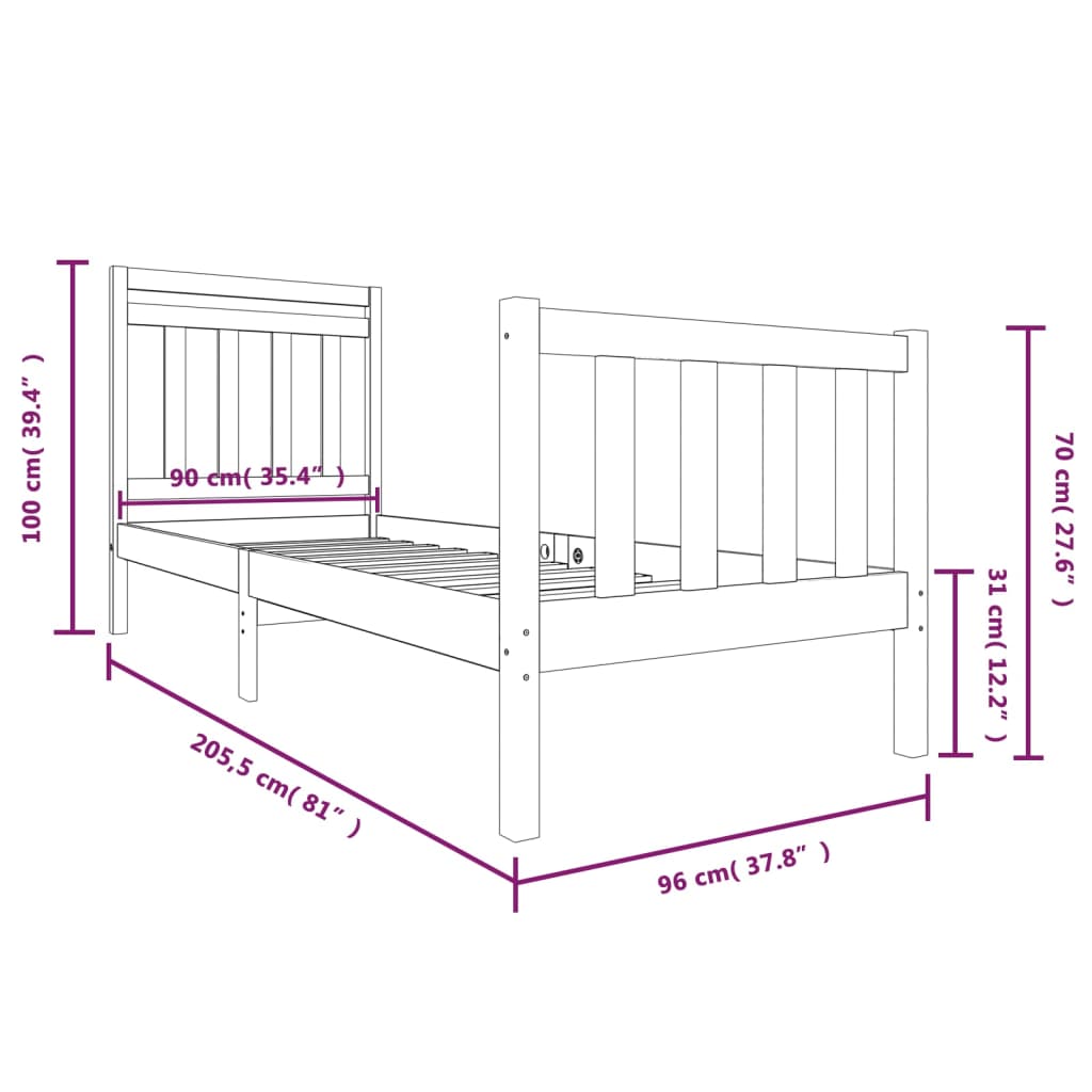 vidaXL Bed Frame without Mattress Black Solid Wood 90x200 cm (810071+814078)