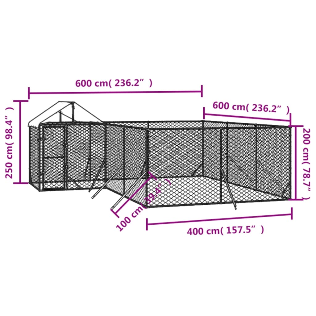 vidaXL Outdoor Dog Kennel with Roof Silver 6x6x2.5 m Galvanised Steel