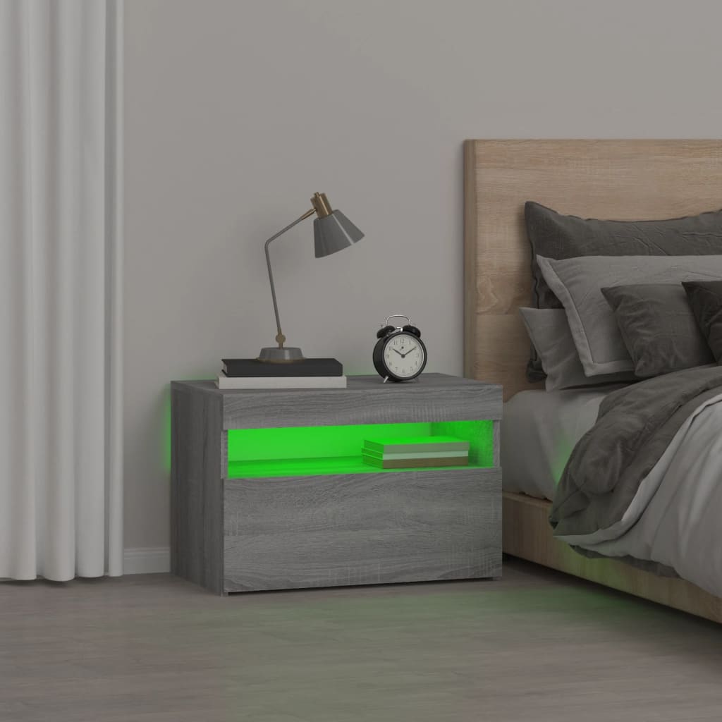 vidaXL Bedside Cabinet with LED Lights Grey Sonoma 60x35x40 cm