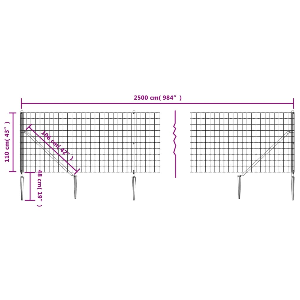 vidaXL Wire Mesh Fence with Spike Anchors Anthracite 1.1x25 m