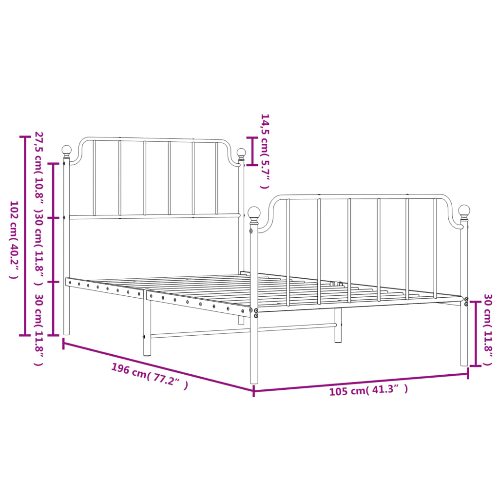 vidaXL Metal Bed Frame without Mattress with Footboard Black 100x190 cm