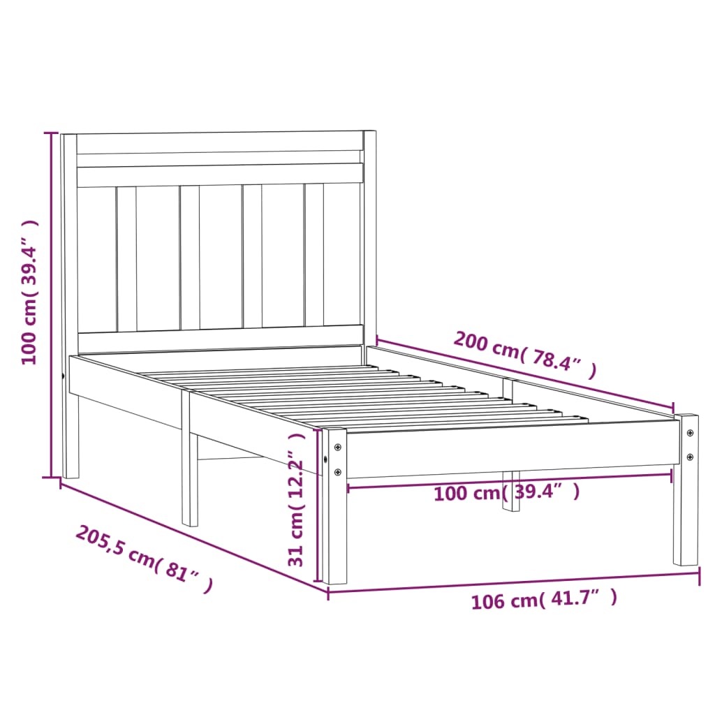 vidaXL Bed Frame without Mattress Black Solid Wood 100x200 cm (810011+814083)