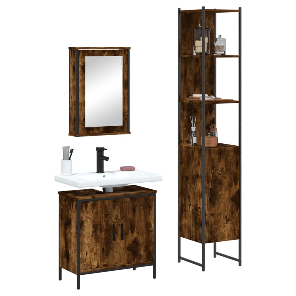 vidaXL 3 Piece Bathroom Furniture Set Smoked Oak Engineered Wood