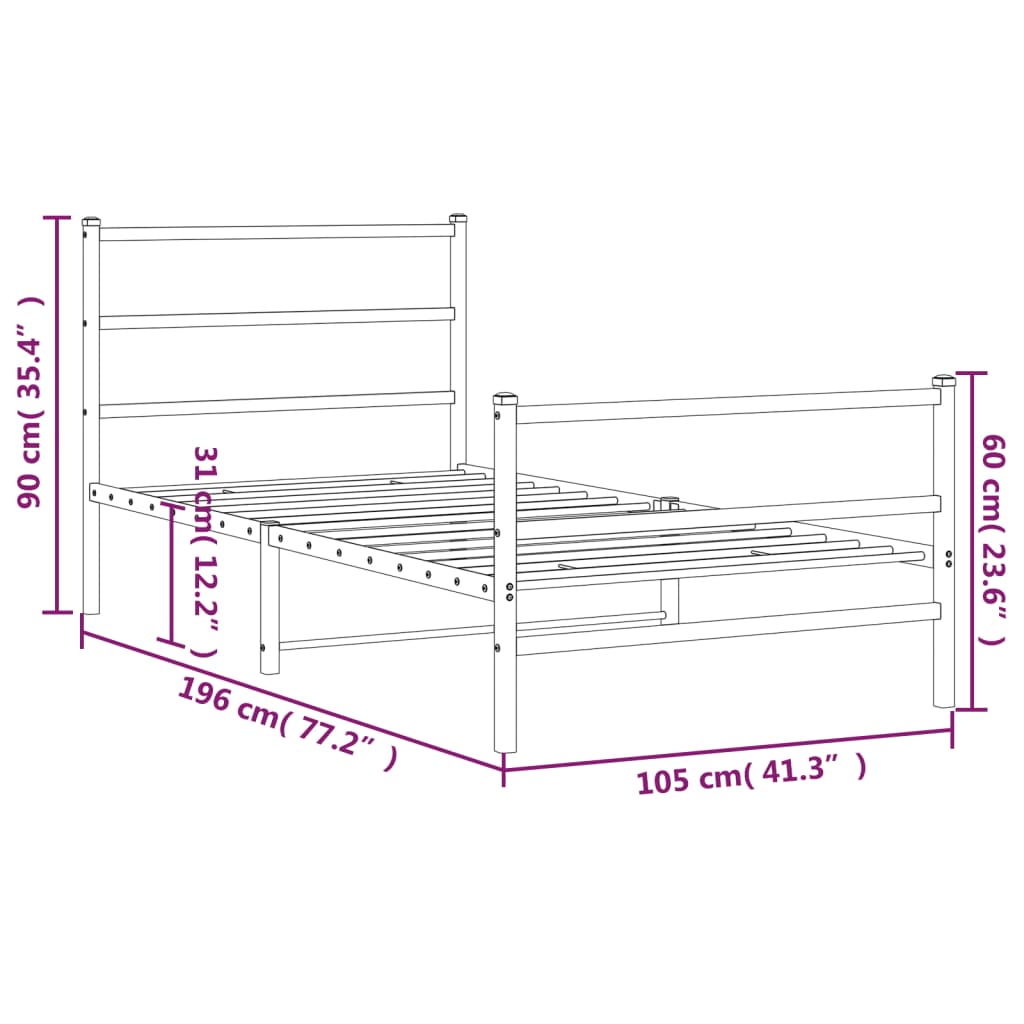 vidaXL Metal Bed Frame without Mattress with Footboard Black 100x190 cm