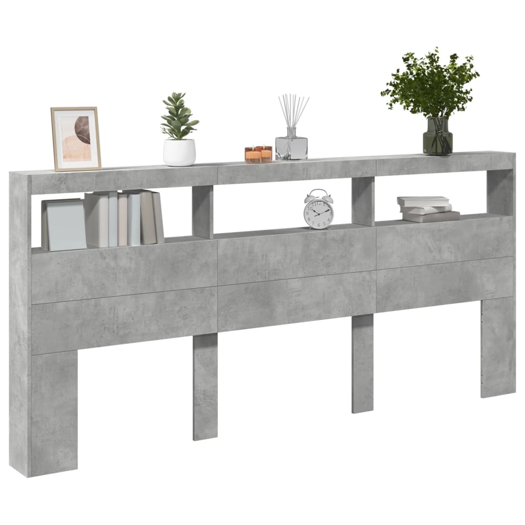 vidaXL Headboard Cabinet with LED Concrete Grey 220x17x102 cm