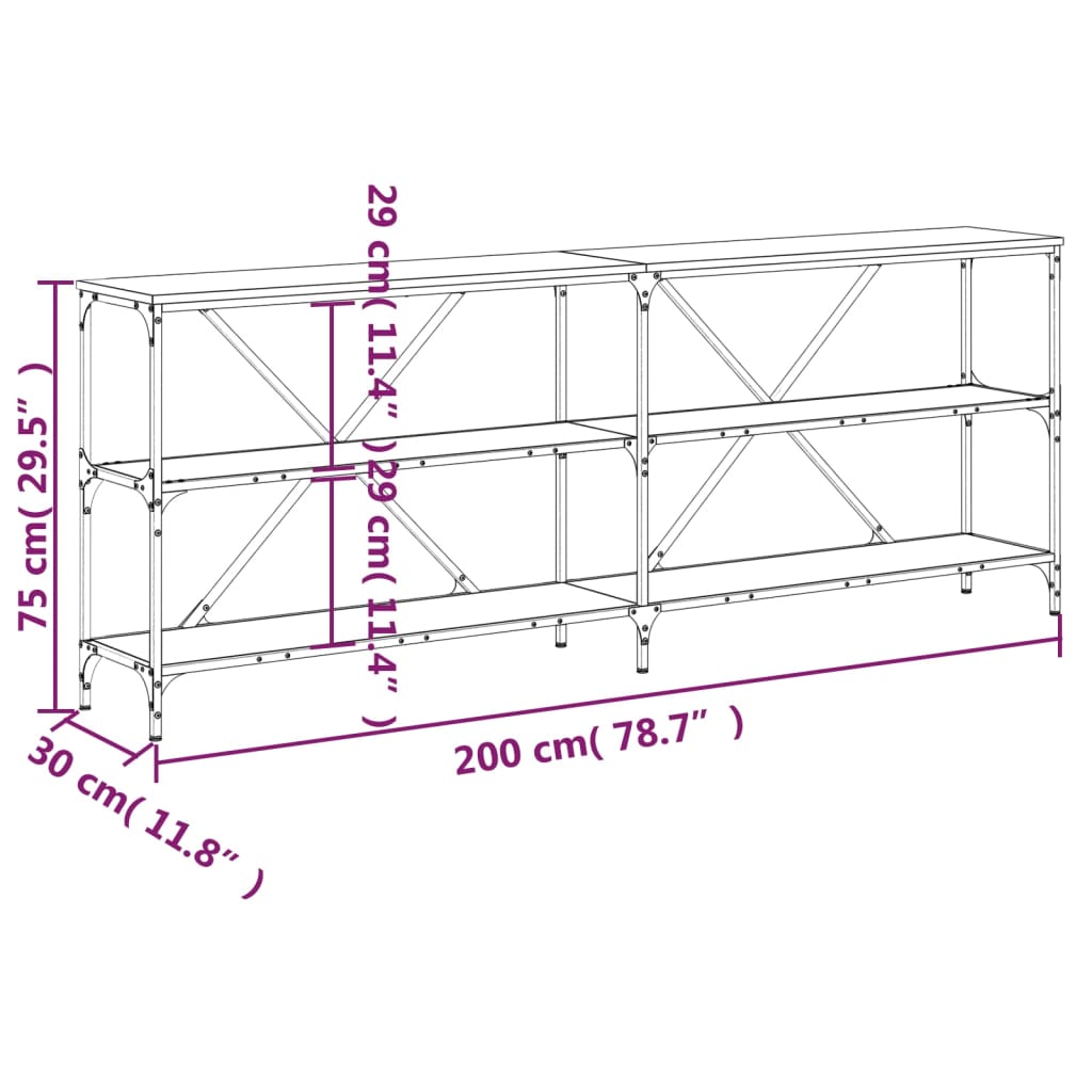 vidaXL Console Table Grey Sonoma 200x30x75 cm Engineered Wood and Iron