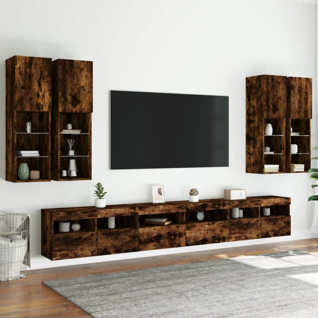 vidaXL 7 Piece TV Wall Cabinet Set with LED Lights Smoked Oak