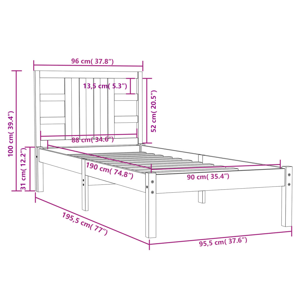 vidaXL Bed Frame without Mattress White 90x190 cm Single Solid Wood