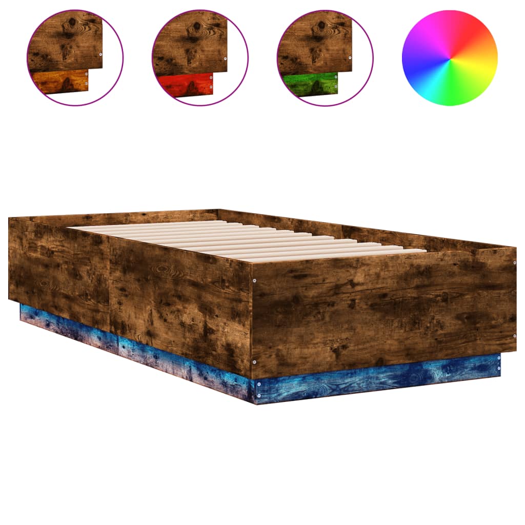 vidaXL Bed Frame with LED without Mattress Smoked Oak 90x190 cm Single