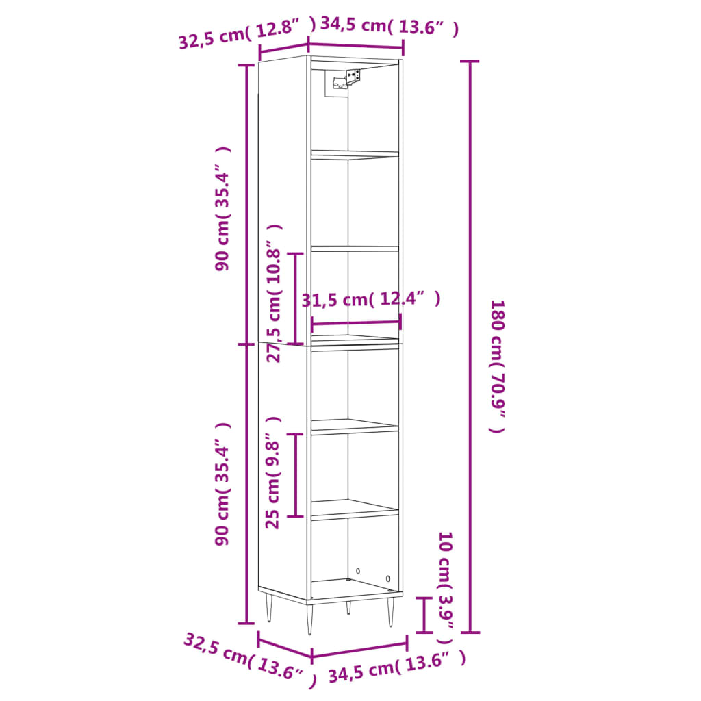 vidaXL Highboard White 34.5x32.5x180 cm Engineered Wood