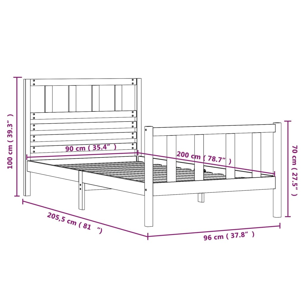 vidaXL Bed Frame without Mattress Black Solid Wood 90x200 cm (810071+814128)