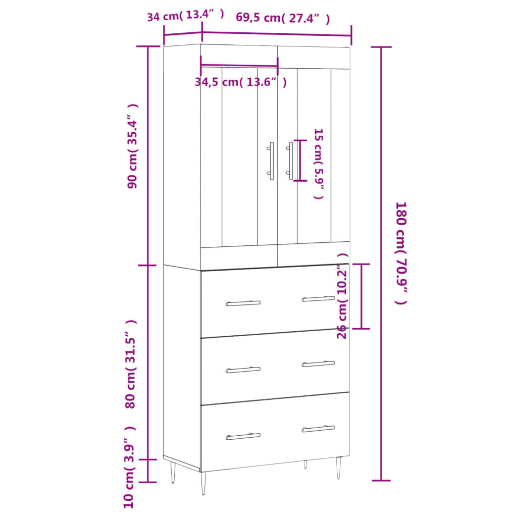 vidaXL Highboard Grey Sonoma 69.5x34x180 cm Engineered Wood