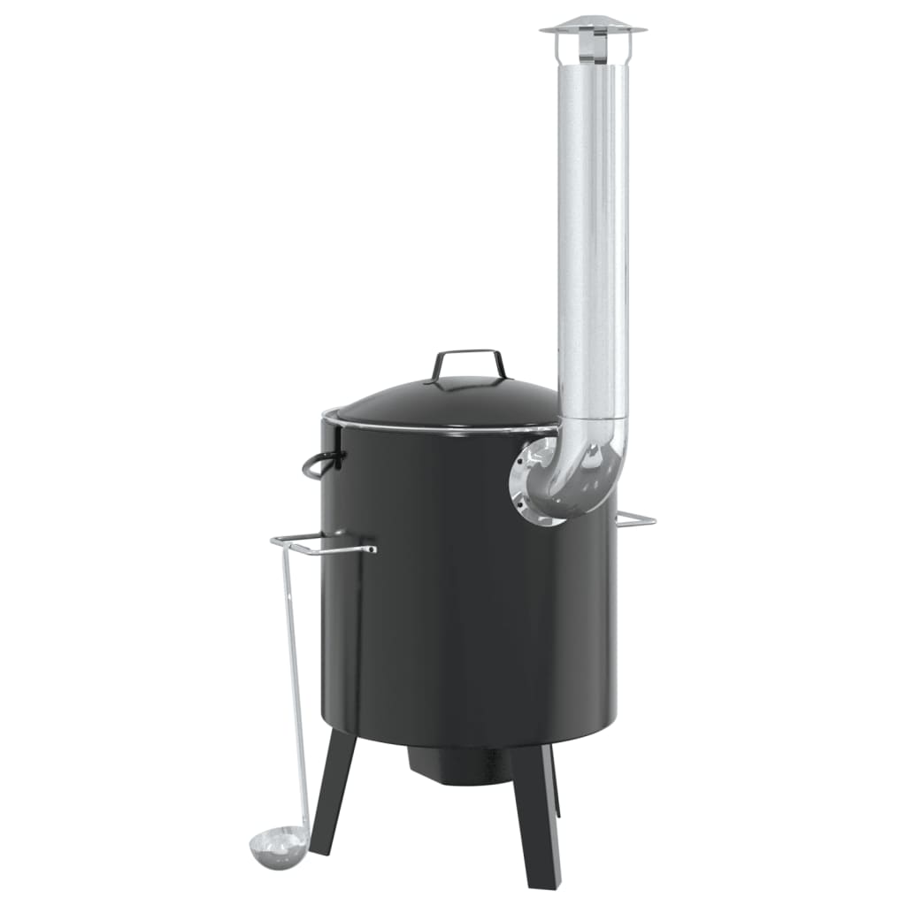 vidaXL Goulash Cannon with Chimney and Lid Black Enamelled Steel